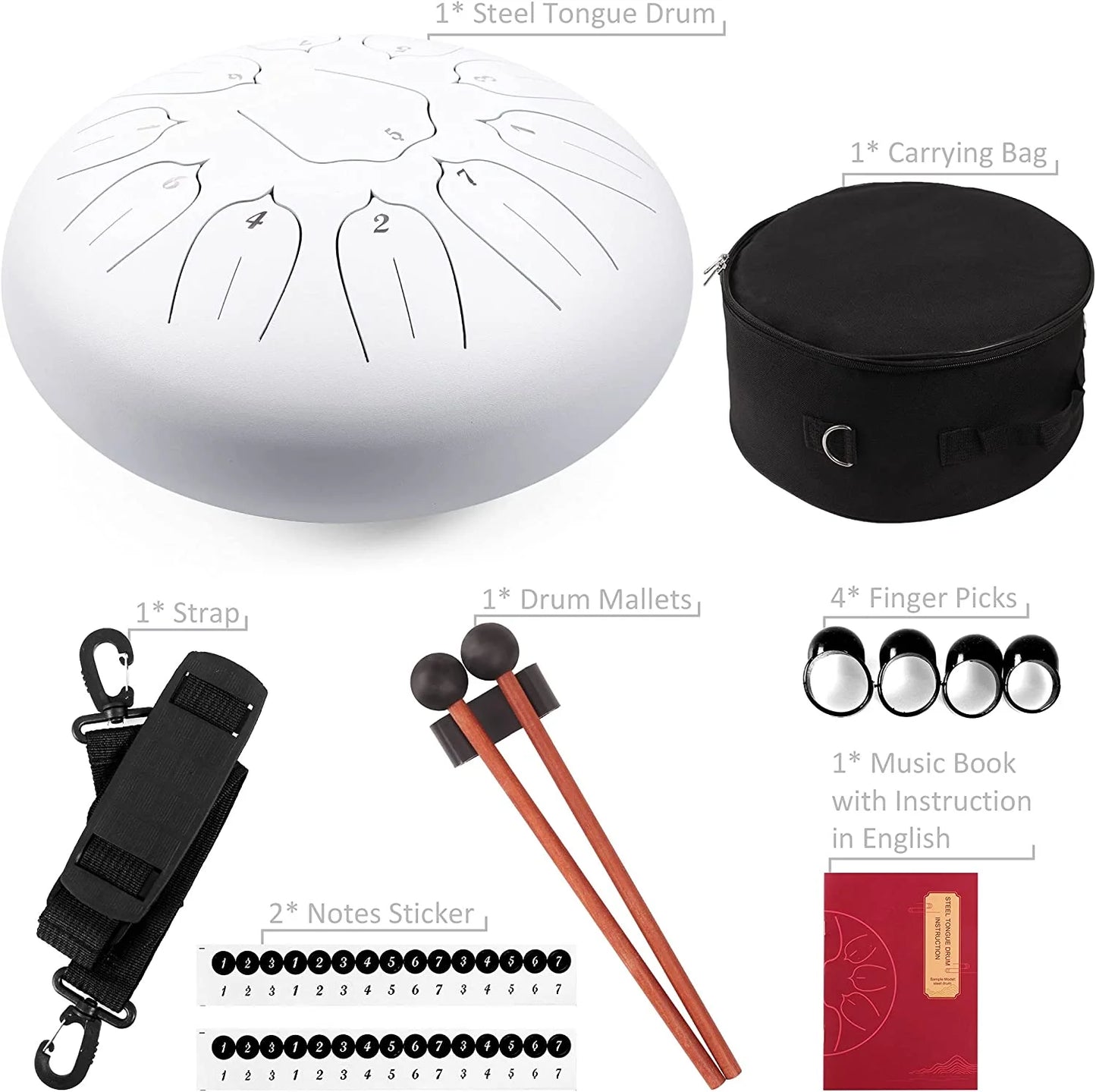 Steel Tongue Drum 11 Notes 12" Meditation Musical Percussion Instrument Hand Pan Drum(White)