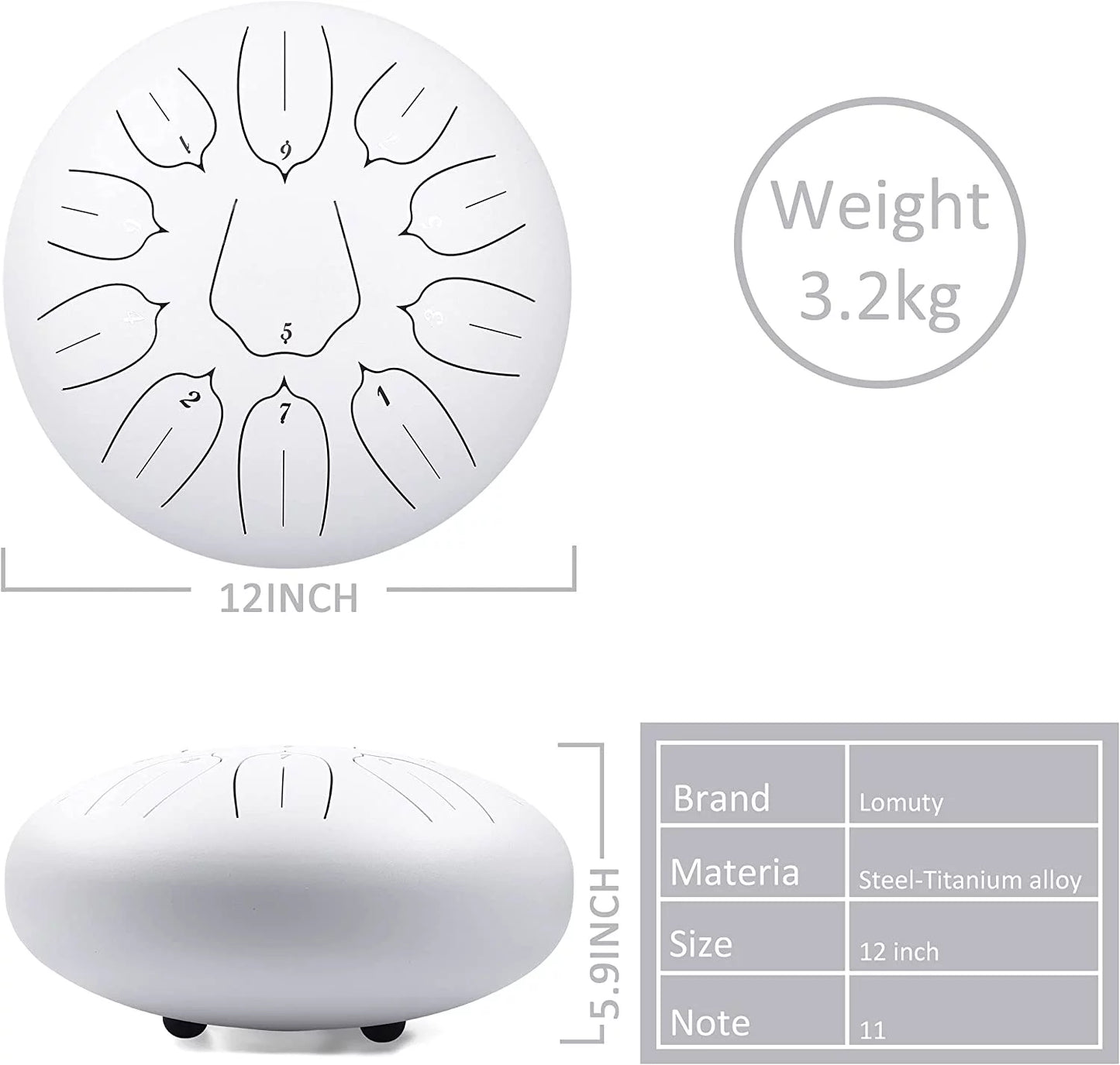 Steel Tongue Drum 11 Notes 12" Meditation Musical Percussion Instrument Hand Pan Drum(White)