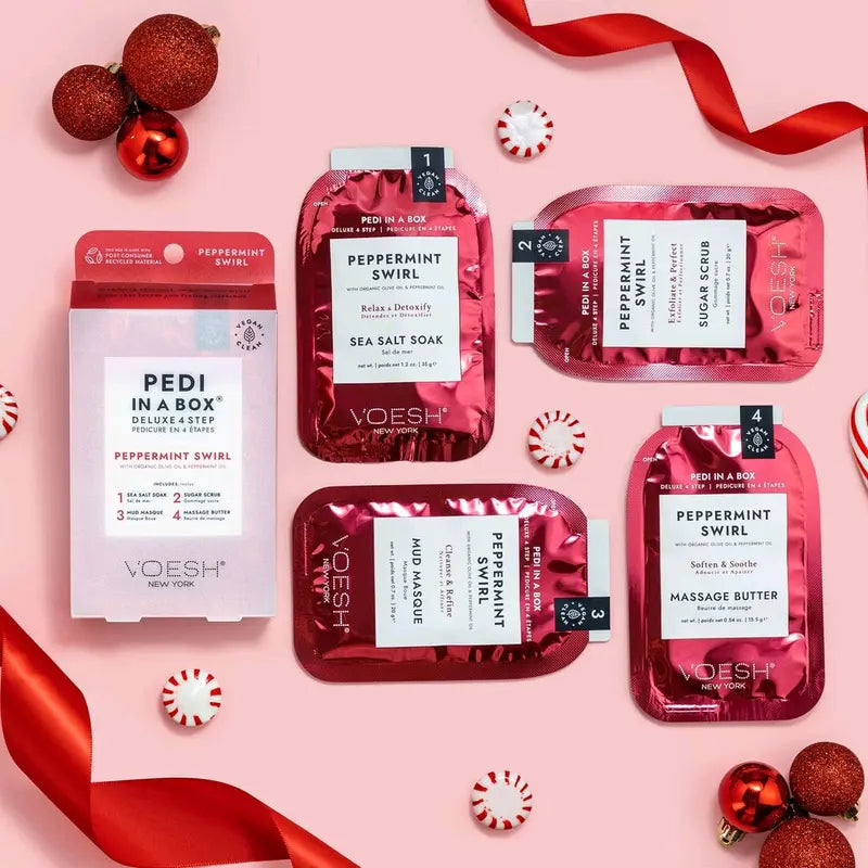 VOESH Deluxe Pedicure 4 Step - Peppermint Swirl (Limited Edition) Nail Masks Smooth Pack Sugar Kit