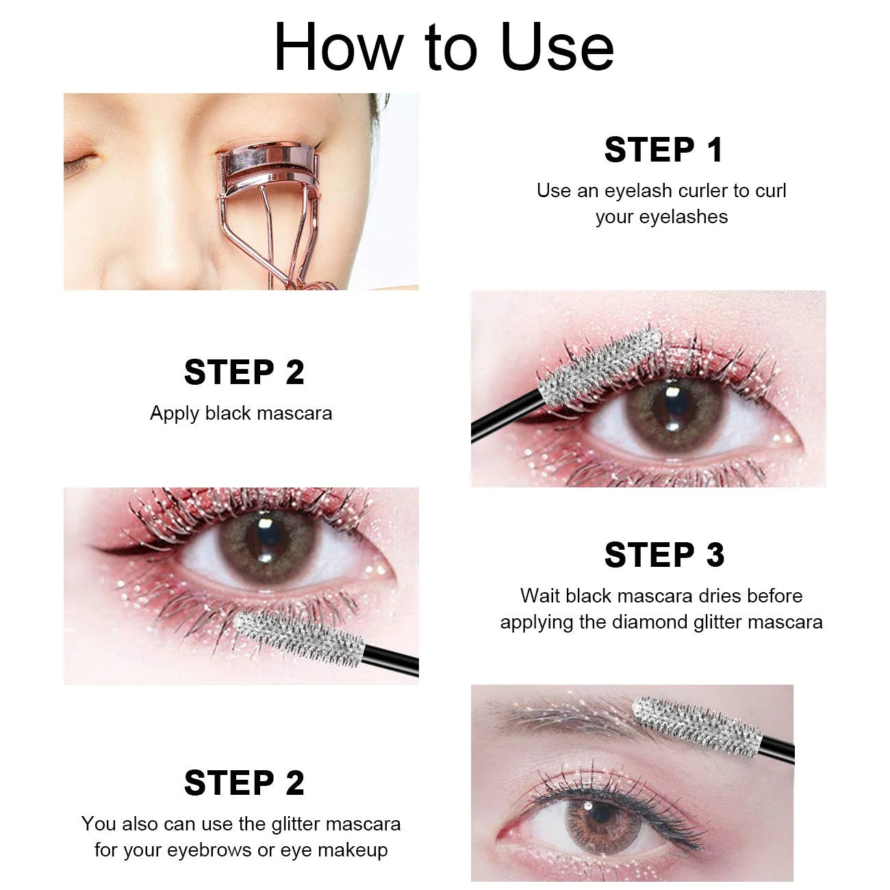 Diamond Glitter Mascara Fast Dry Eyelashes Curling Extension Makeup Waterproof Long-Lasting Lengthens Eye Lash Black 4D Mascara